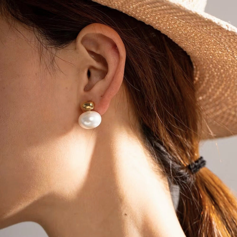 18KT Gold Plated Stainless Steel Bold Pearl Drop Stud Earrings for Women, Blythe (pre-order)