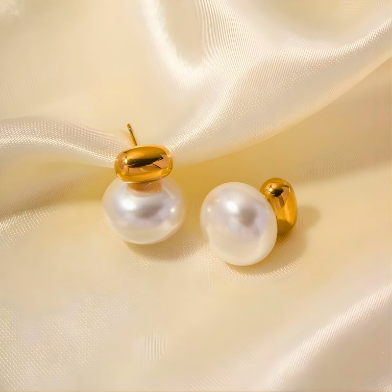18KT Gold Plated Stainless Steel Bold Pearl Drop Stud Earrings for Women, Blythe (pre-order)