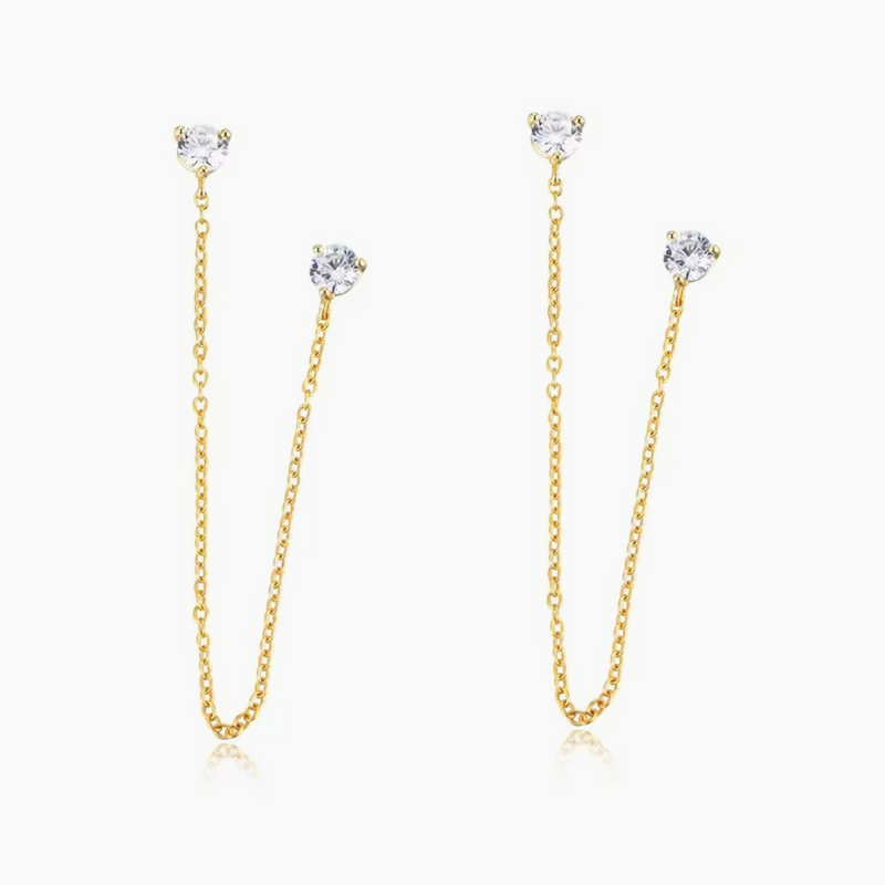 18KT Gold Plated Dainty Zircon Studded Droplet Double Piercing Stainless Steel Waterproof Earrings, Mist