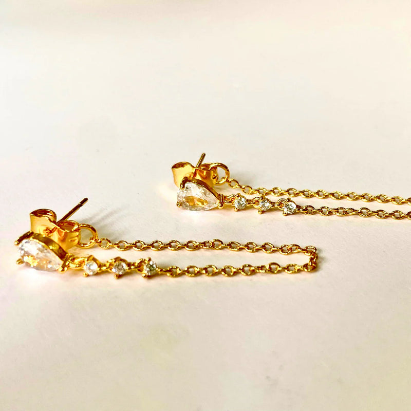 18KT Gold Plated Dainty Zircon Studded Droplet Hanging Chain Stainless Steel Waterproof Earrings, Breeze