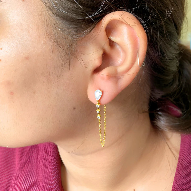 18KT Gold Plated Dainty Zircon Studded Droplet Hanging Chain Stainless Steel Waterproof Earrings, Breeze