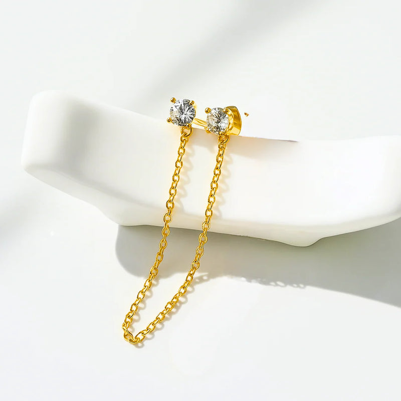 18KT Gold Plated Dainty Zircon Studded Droplet Double Piercing Stainless Steel Waterproof Earrings, Mist