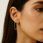 Load image into Gallery viewer, 18KT Gold Plated Dainty Zircon Studded Droplet Double Piercing Stainless Steel Waterproof Earrings, Mist
