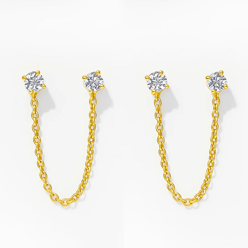 18KT Gold Plated Dainty Zircon Studded Droplet Double Piercing Stainless Steel Waterproof Earrings, Mist