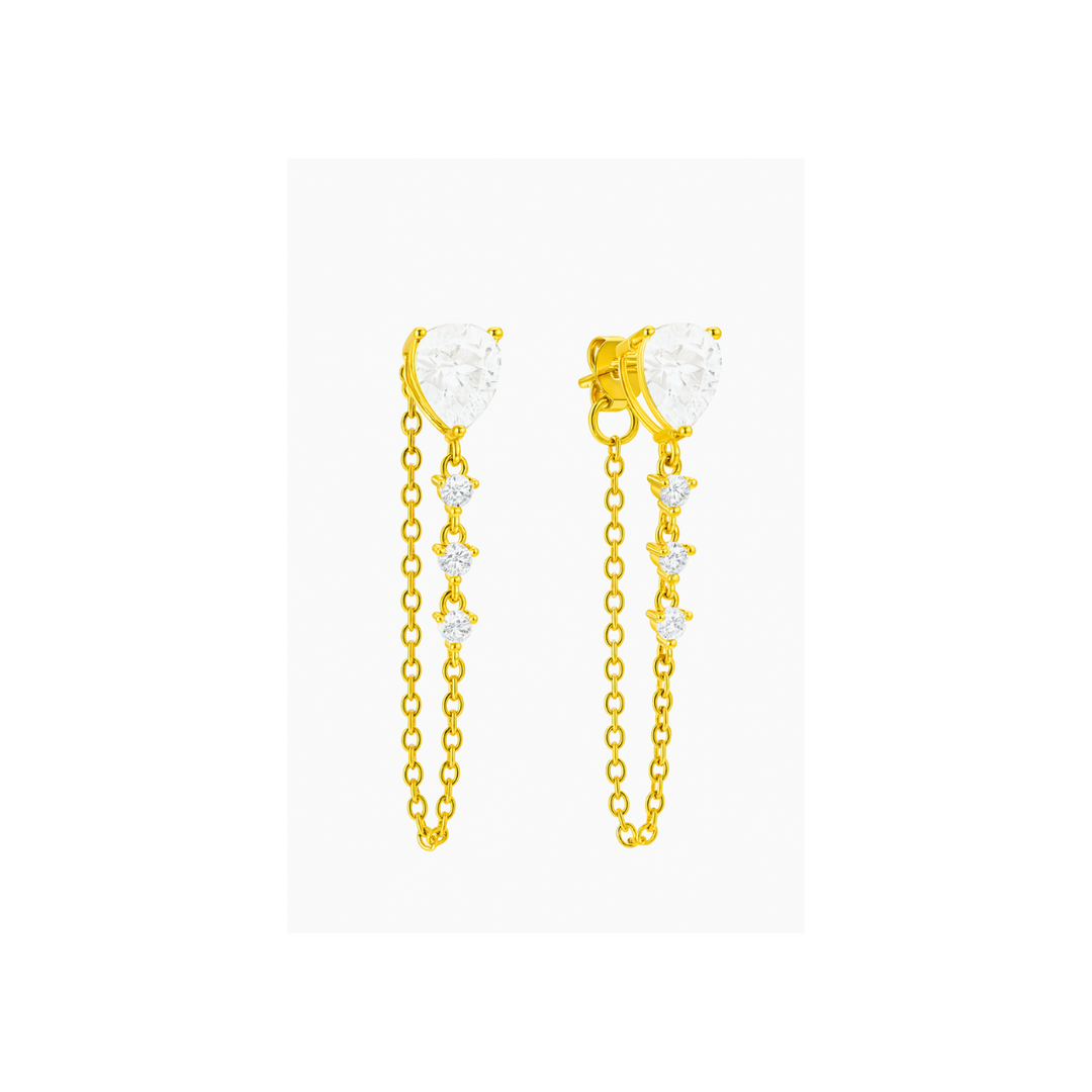 18KT Gold Plated Dainty Zircon Studded Droplet Hanging Chain Stainless Steel Waterproof Earrings, Breeze