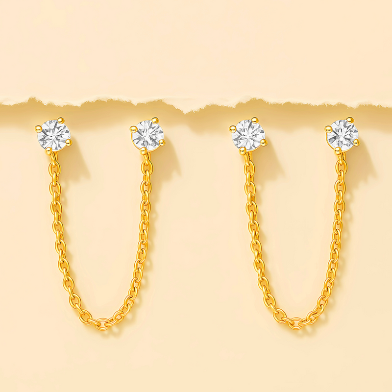 18KT Gold Plated Dainty Zircon Studded Droplet Double Piercing Stainless Steel Waterproof Earrings, Mist