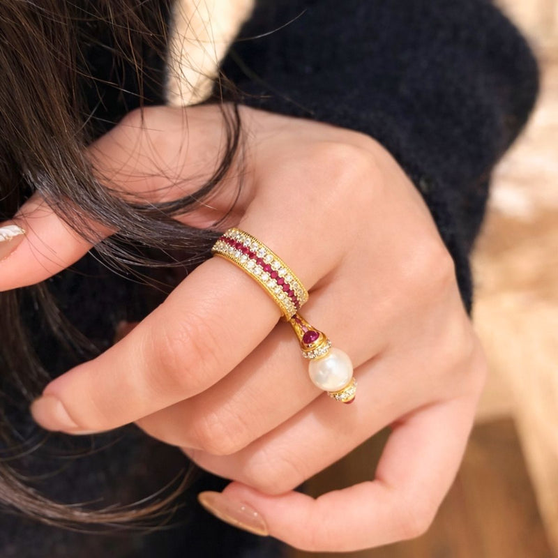 18KT Gold Plated Ruby & Crystal Triple-Row Eternity Band, Calista