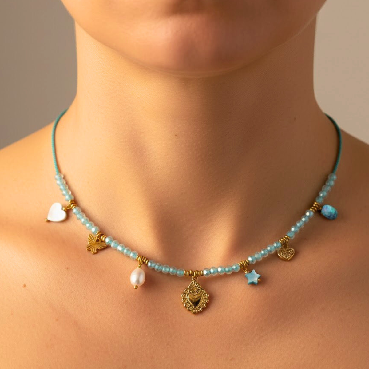Candy necklace, 18kt gold plated stainless steel heart, beads and butterfly charm rope necklace