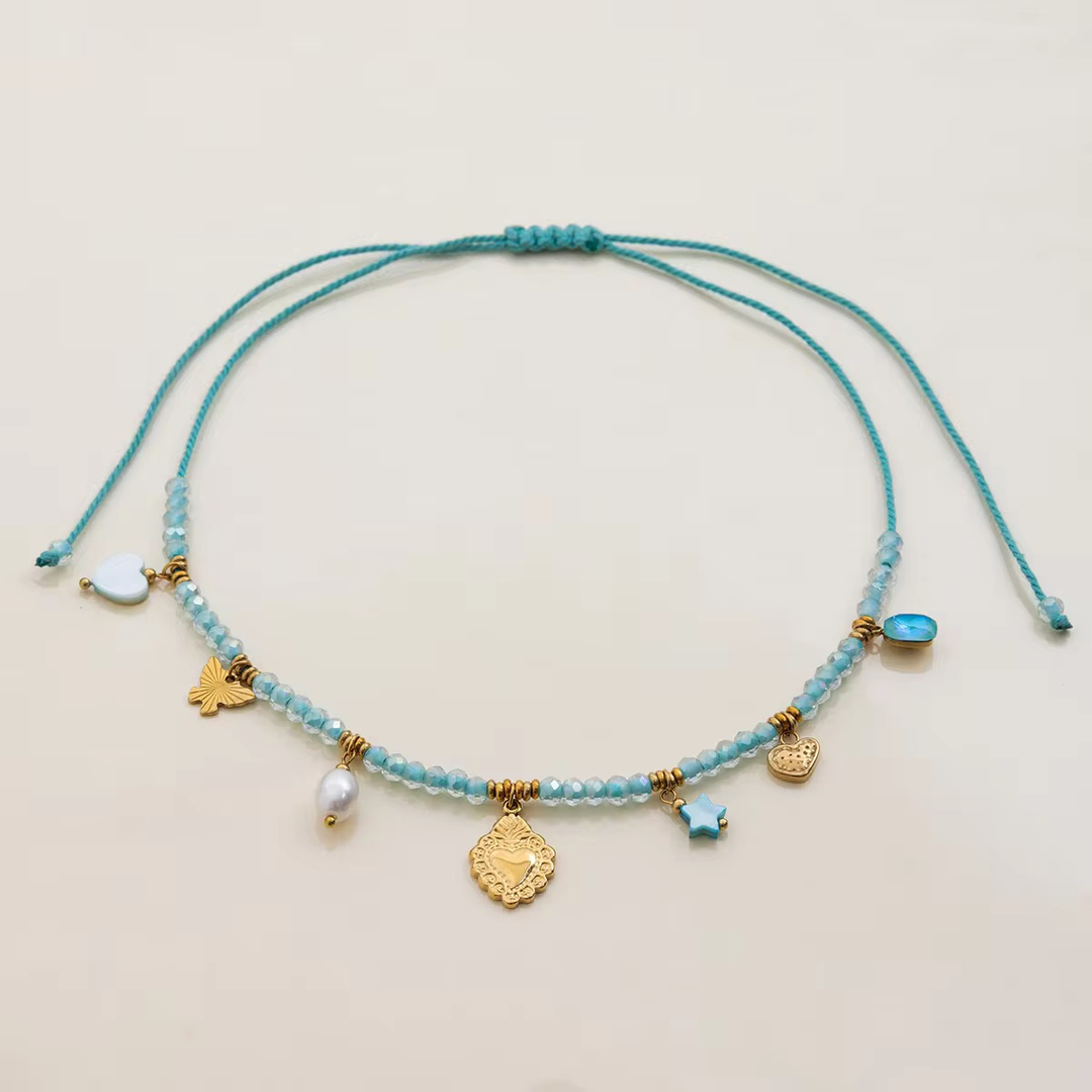 Candy Necklace, 18KT Gold Plated Stainless Steel Heart, Beads and Butterfly Charm Rope Necklace
