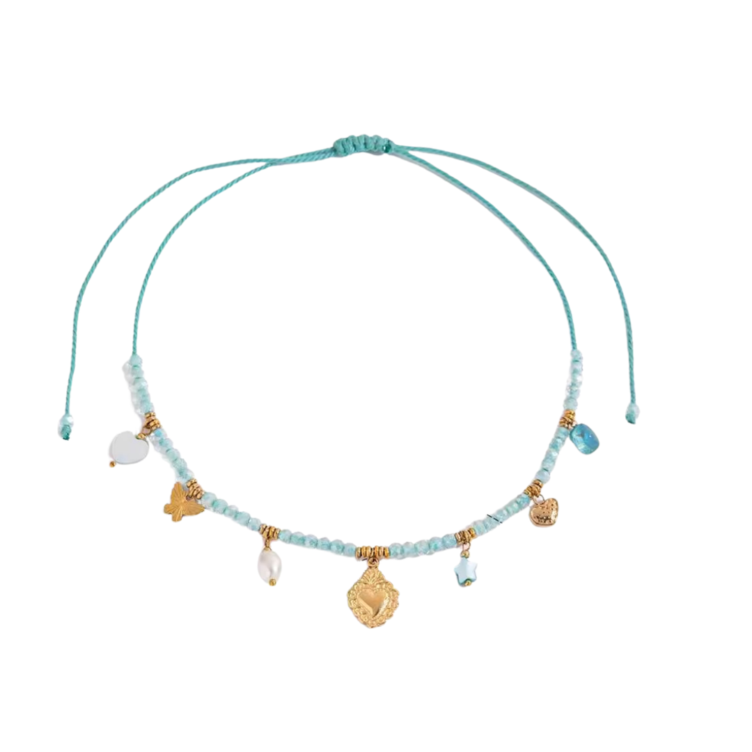 Candy Necklace, 18KT Gold Plated Stainless Steel Heart, Beads and Butterfly Charm Rope Necklace