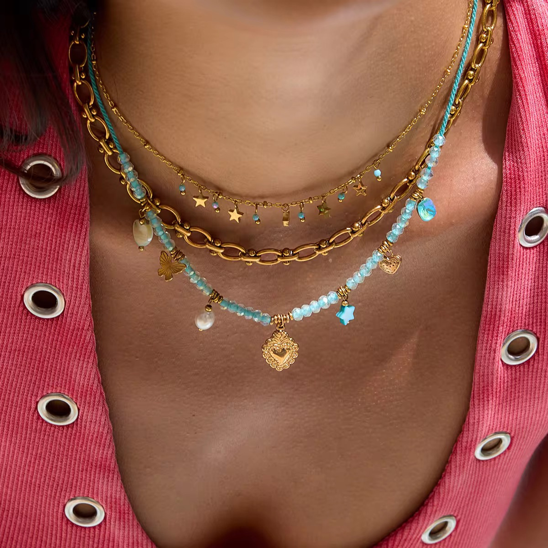 Candy Necklace, 18KT Gold Plated Stainless Steel Heart, Beads and Butterfly Charm Rope Necklace