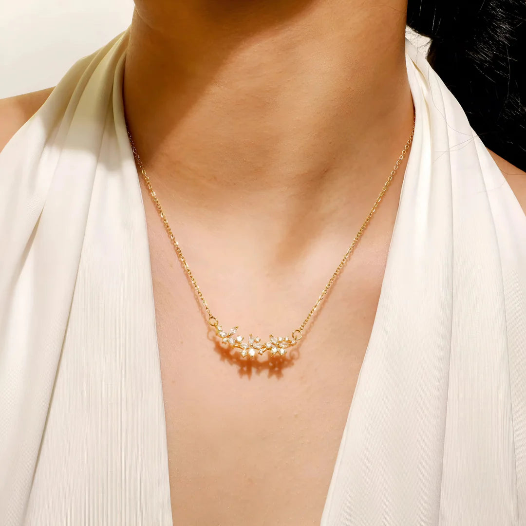 18KT Gold Plated Simple Long Flower Petal Zircon Stainless Steel Waterproof Necklace, Cleo