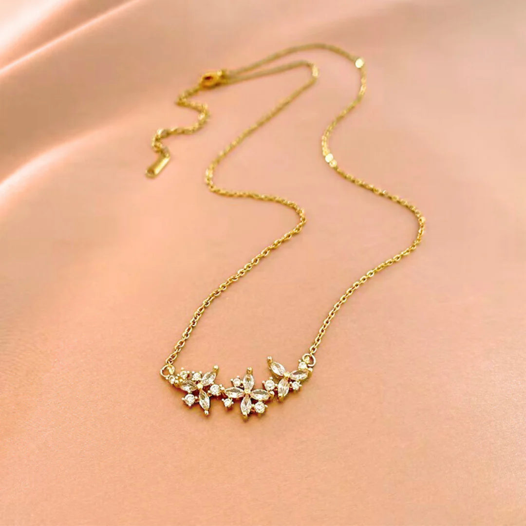 18KT Gold Plated Simple Long Flower Petal Zircon Stainless Steel Waterproof Necklace, Cleo