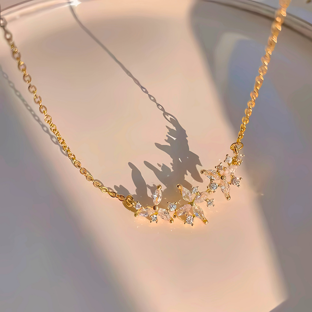 18KT Gold Plated Simple Long Flower Petal Zircon Stainless Steel Waterproof Necklace, Cleo