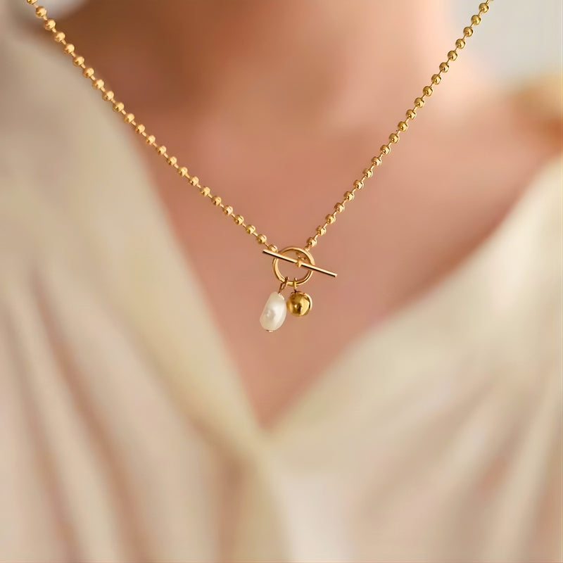18KT Gold Plated Stainless Steel Toggle Clasp Ball Chain Necklace with Pearl Pendant, Cressida