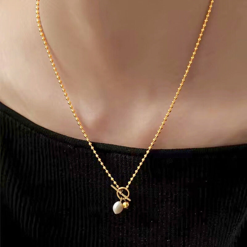18KT Gold Plated Stainless Steel Toggle Clasp Ball Chain Necklace with Pearl Pendant, Cressida
