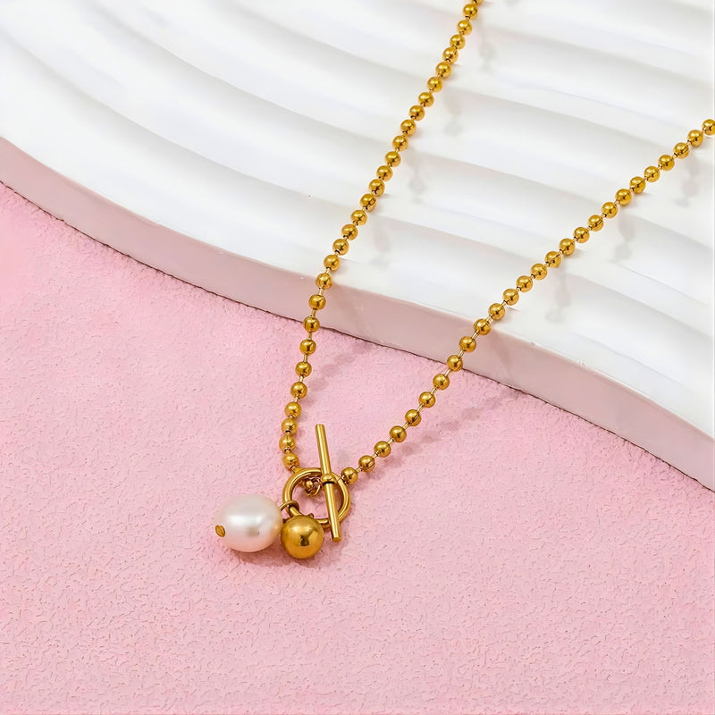 18KT Gold Plated Stainless Steel Toggle Clasp Ball Chain Necklace with Pearl Pendant, Cressida