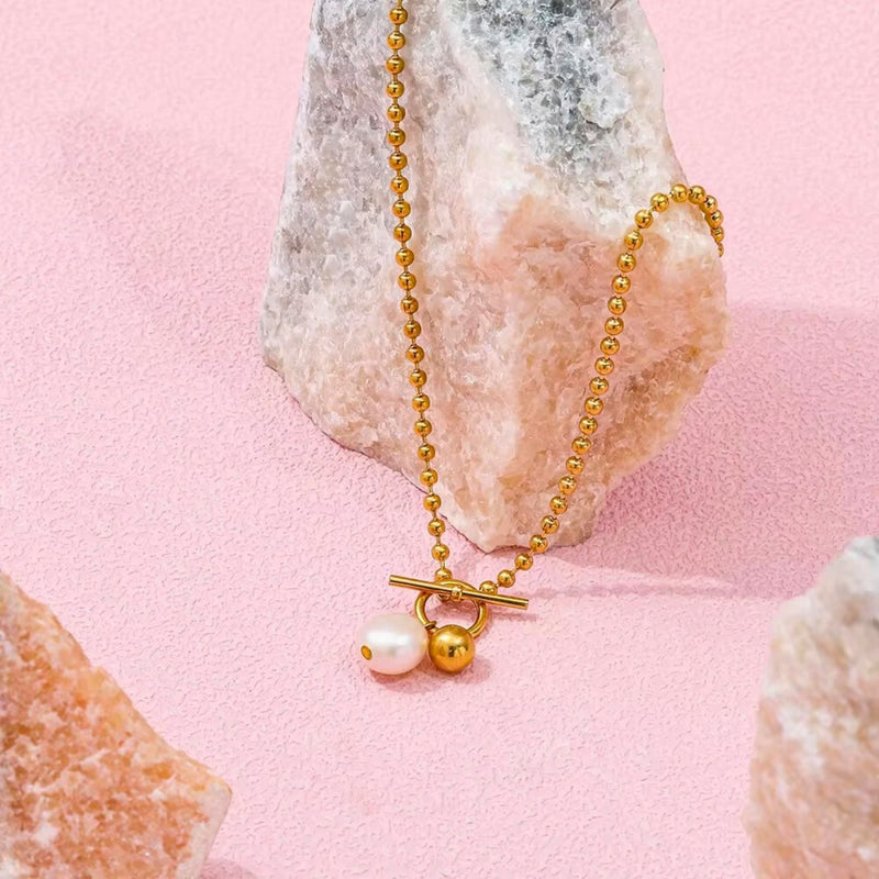 18KT Gold Plated Stainless Steel Toggle Clasp Ball Chain Necklace with Pearl Pendant, Cressida