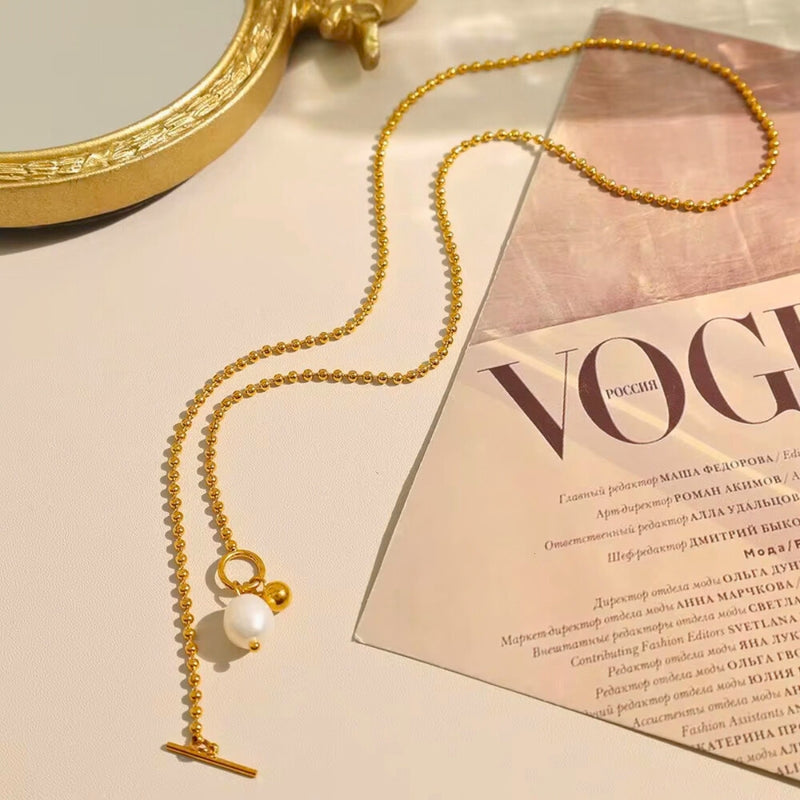 18KT Gold Plated Stainless Steel Toggle Clasp Ball Chain Necklace with Pearl Pendant, Cressida