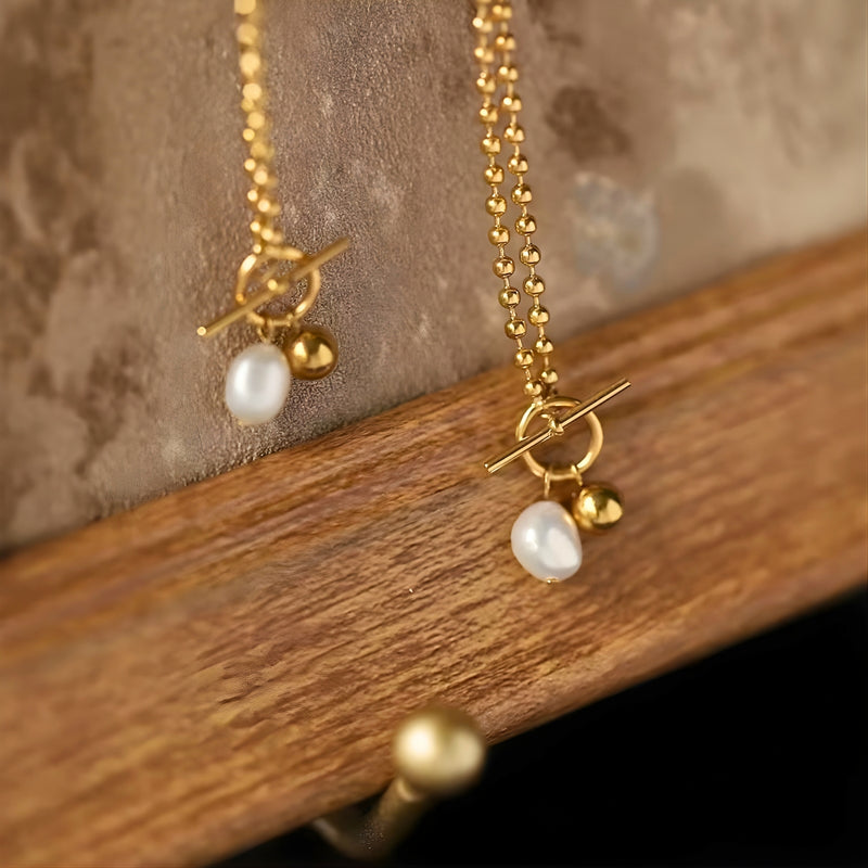 18KT Gold Plated Stainless Steel Toggle Clasp Ball Chain Necklace with Pearl Pendant, Cressida