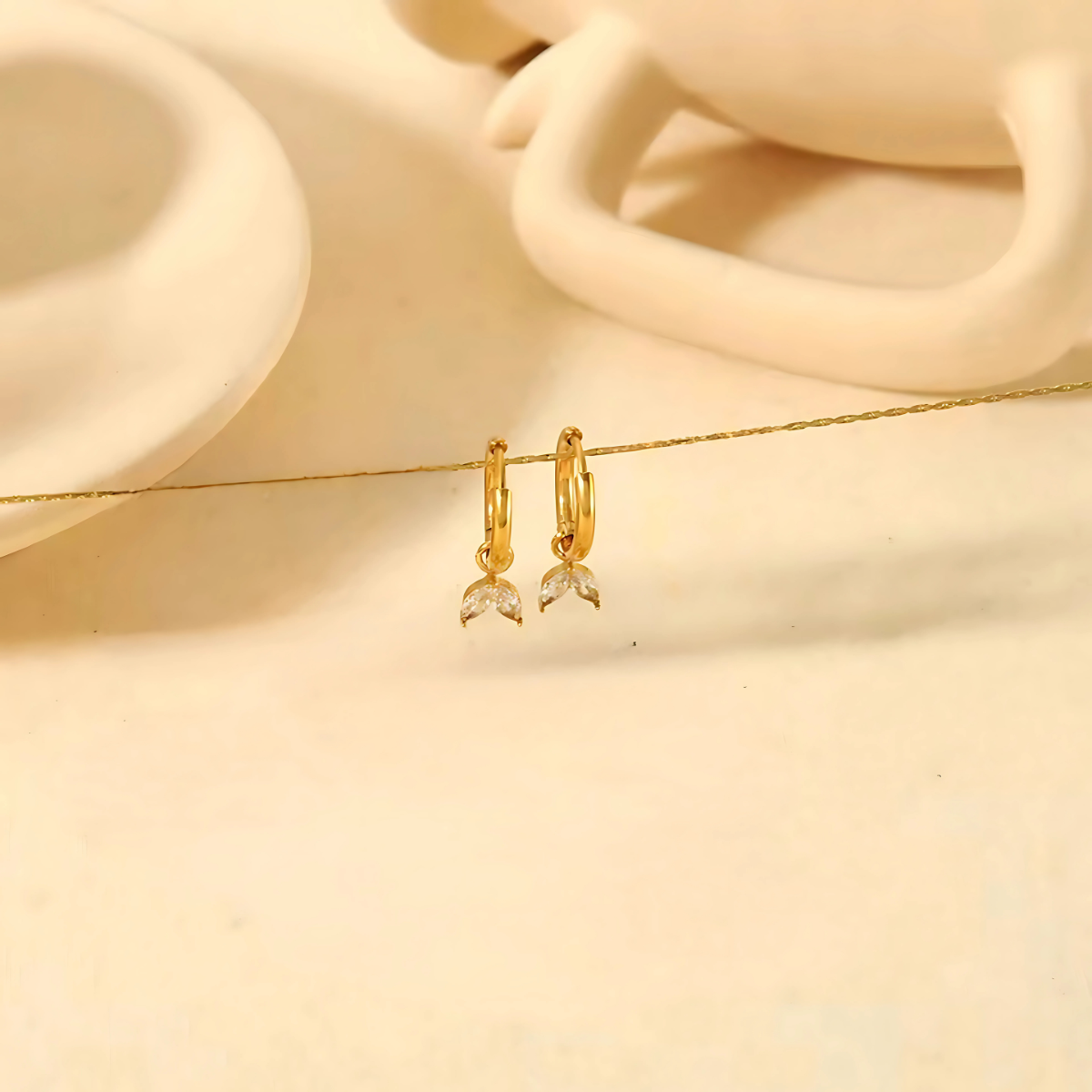 18kt gold plated minimal two petal floral charm stainless steel waterproof earrings, daffodil