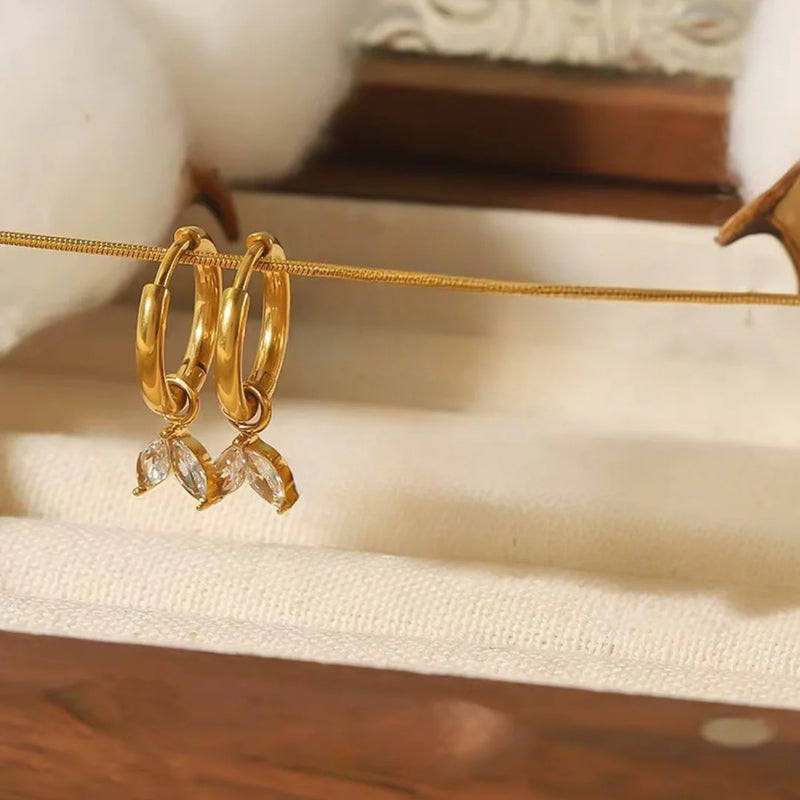 18KT Gold Plated Minimal two Petal Floral Charm Stainless Steel Waterproof Earrings, Daffodil