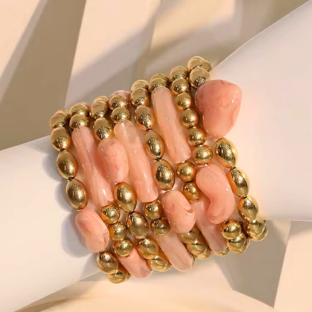 18KT gold plated Brass and Resin Beaded Pink Gold Bracelet Set, Dew