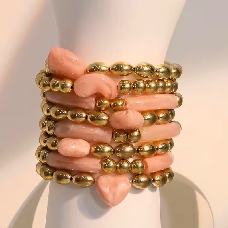 18KT gold plated Brass and Resin Beaded Pink Gold Bracelet Set, Dew