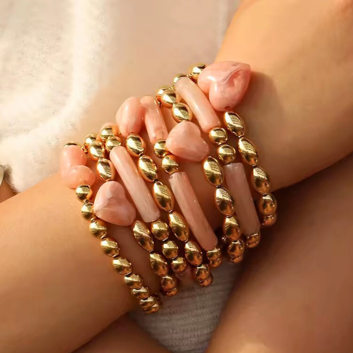 18kt gold plated brass and resin beaded pink gold bracelet set, dew