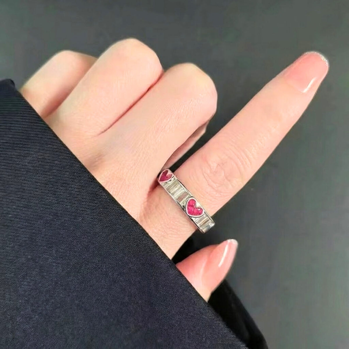 18kt gold plated stainless steel silver pink heart and baguette stone open cuff ring for women, edwina