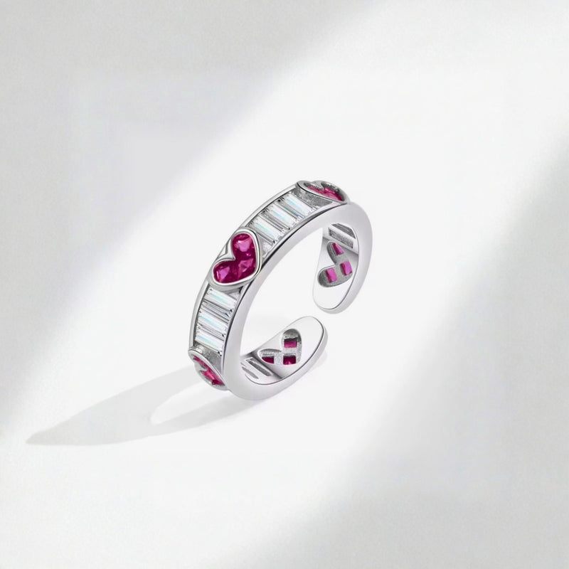 18KT Gold Plated Stainless Steel Silver Pink Heart and Baguette Stone Open Cuff Ring for Women, Edwina