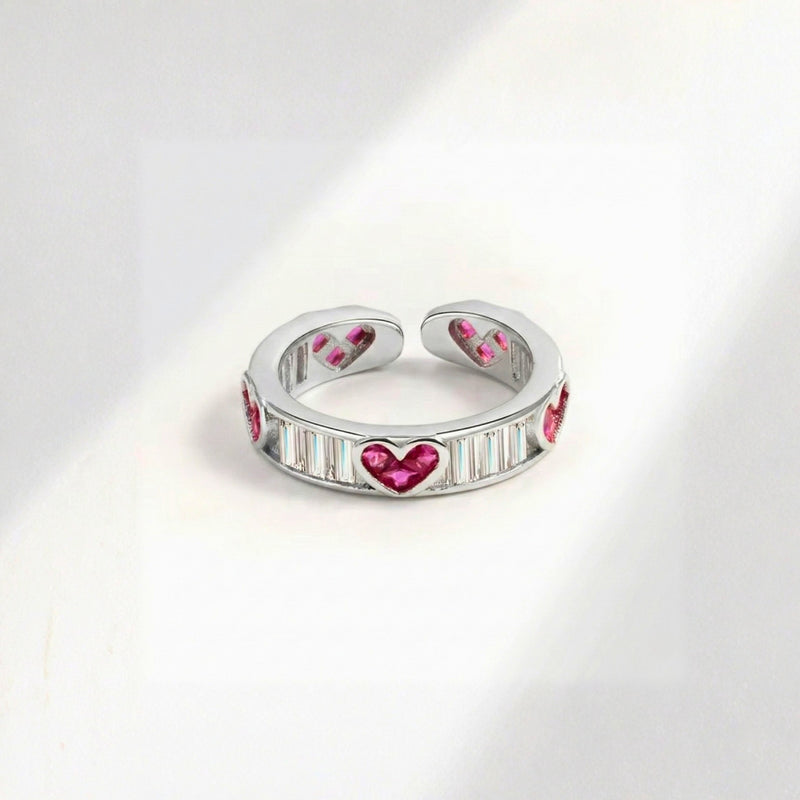 18KT Gold Plated Stainless Steel Silver Pink Heart and Baguette Stone Open Cuff Ring for Women, Edwina