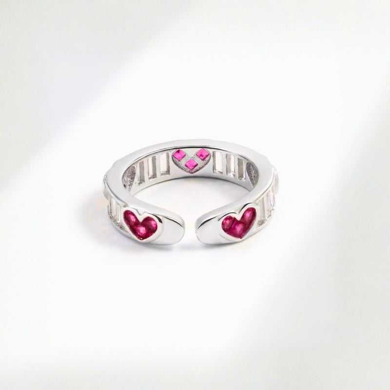 18KT Gold Plated Stainless Steel Silver Pink Heart and Baguette Stone Open Cuff Ring for Women, Edwina