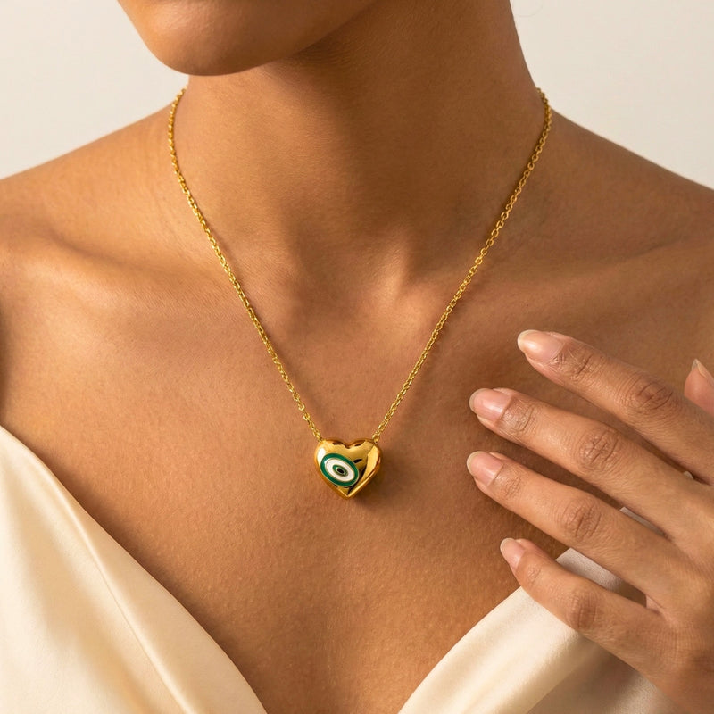 18KT Gold Plated Stainless Steel Blue Enamel Evil Eye Heart Pendant Necklace for Women, Elen