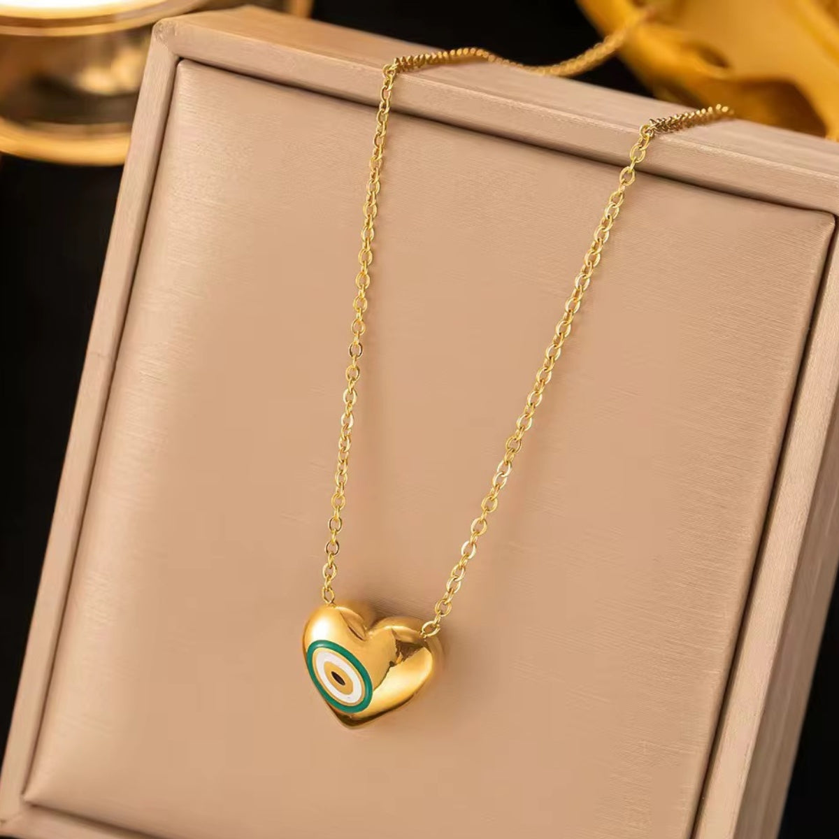 18kt gold plated stainless steel blue enamel evil eye heart pendant necklace for women, elen