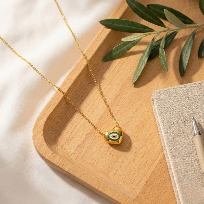 18KT Gold Plated Stainless Steel Blue Enamel Evil Eye Heart Pendant Necklace for Women, Elen