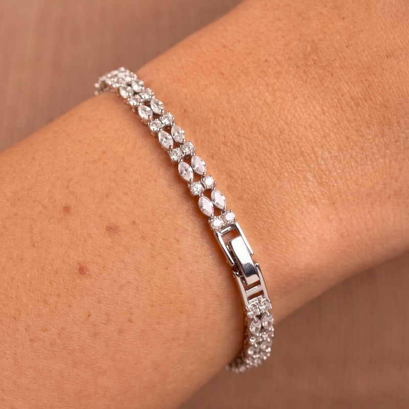 Silver Shimmering Crystal Linked Tennis Bracelet for Women, Elianne