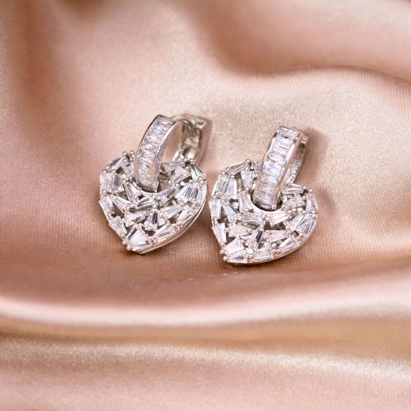 Dainty Heart Cut-Out Huggie Hoops with Zirconia Heart Drop Earrings, Elina