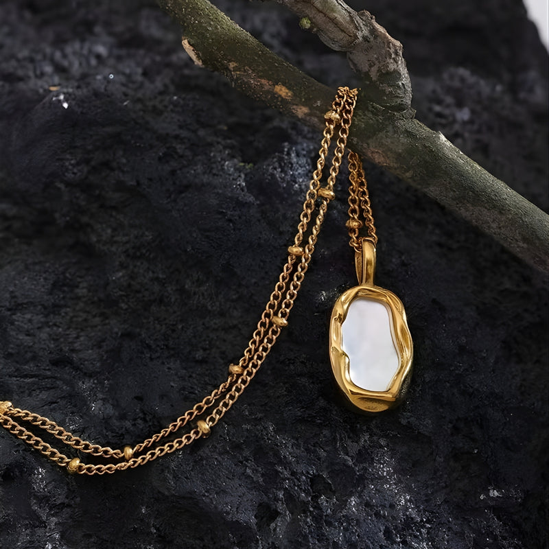 18KT Gold Plated Surgical Grade Stainless Steel Molten Frame Mother of Pearl Ball Chain Necklace, Eloise