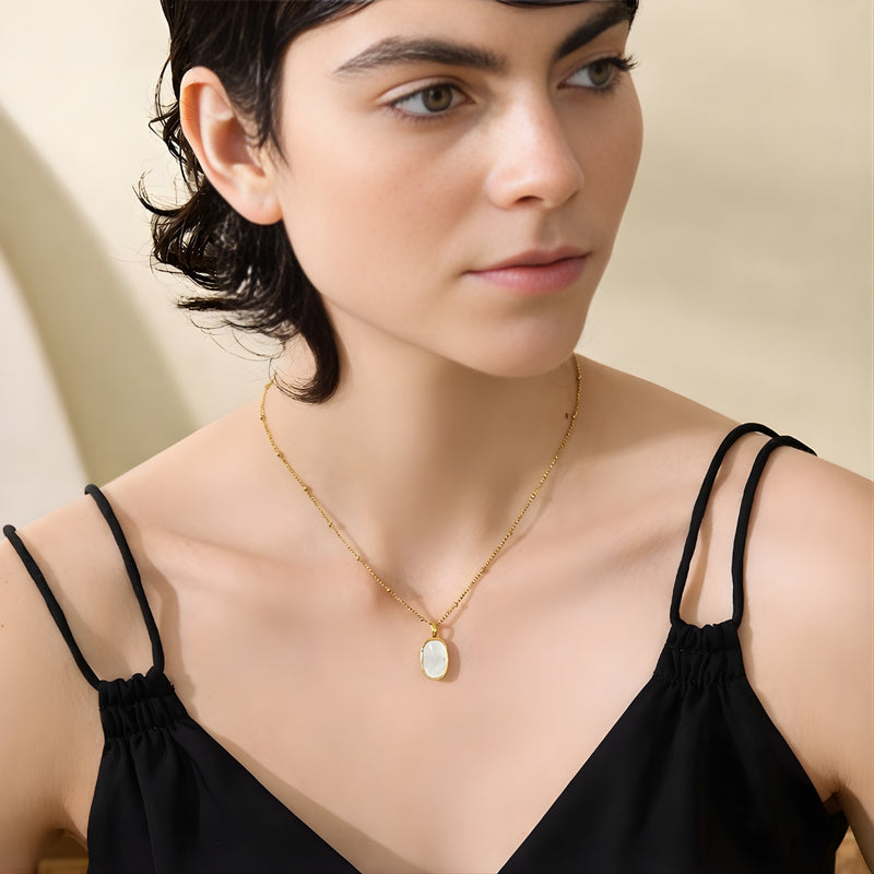 18KT Gold Plated Surgical Grade Stainless Steel Molten Frame Mother of Pearl Ball Chain Necklace, Eloise