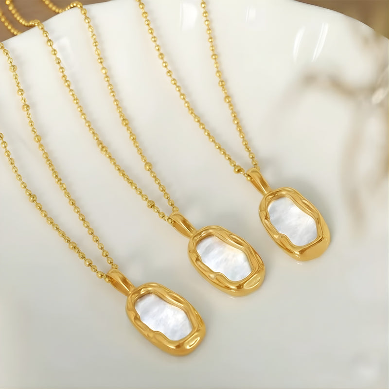 18KT Gold Plated Surgical Grade Stainless Steel Molten Frame Mother of Pearl Ball Chain Necklace, Eloise