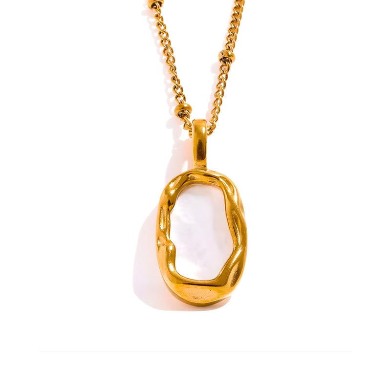 18KT Gold Plated Surgical Grade Stainless Steel Molten Frame Mother of Pearl Ball Chain Necklace, Eloise
