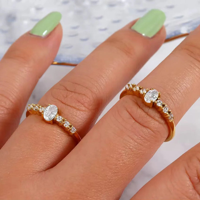 18KT Gold Plated Minimal Oval Bezel Diamond Stainless Steel Waterproof Ring, Elsa