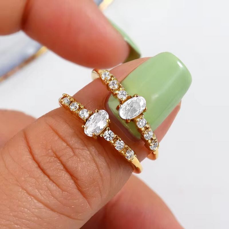 18KT Gold Plated Minimal Oval Bezel Diamond Stainless Steel Waterproof Ring, Elsa