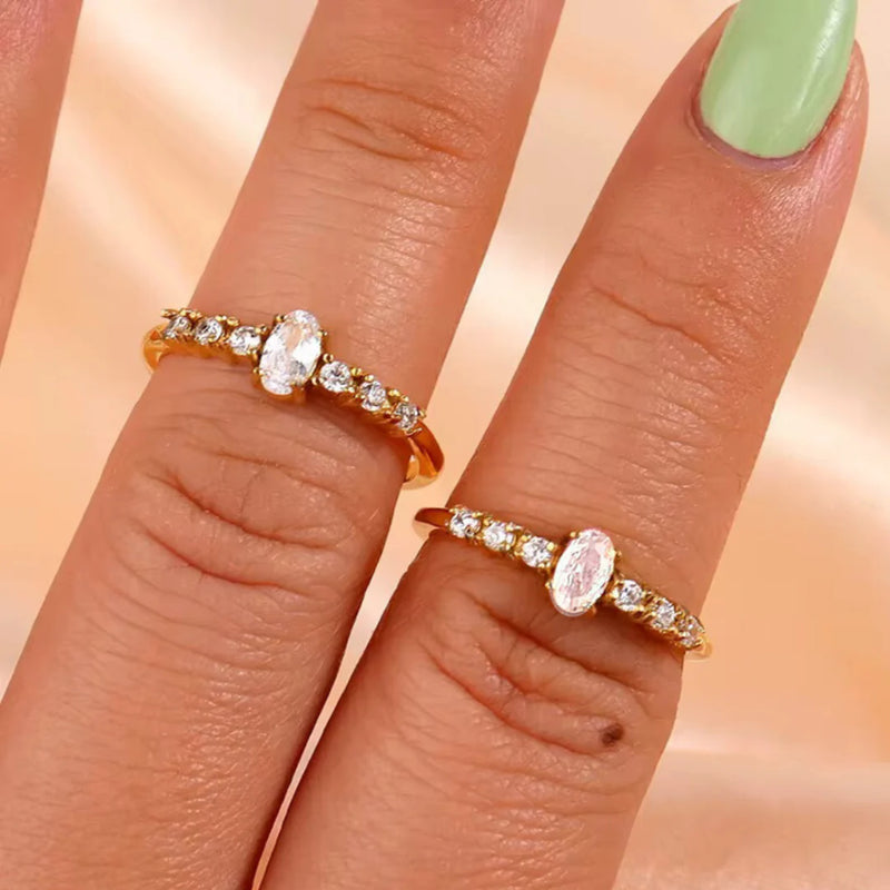 18KT Gold Plated Minimal Oval Bezel Diamond Stainless Steel Waterproof Ring, Elsa