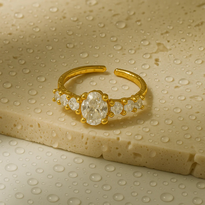 18KT Gold Plated Minimal Oval Bezel Diamond Stainless Steel Waterproof Ring, Elsa