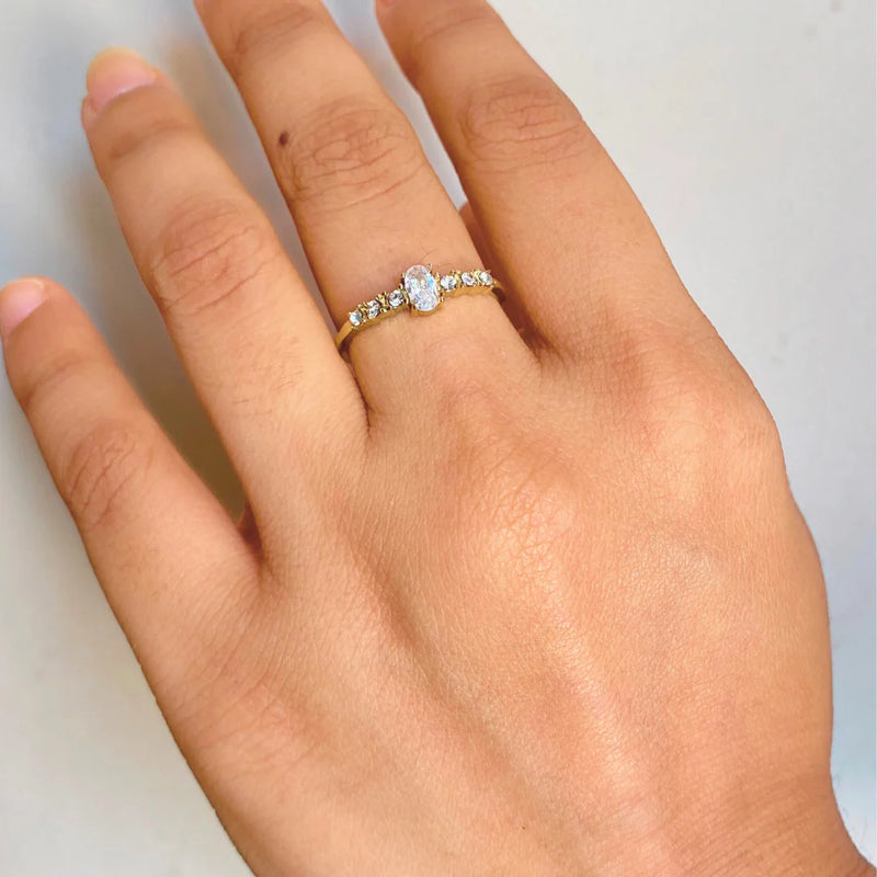 18KT Gold Plated Minimal Oval Bezel Diamond Stainless Steel Waterproof Ring, Elsa