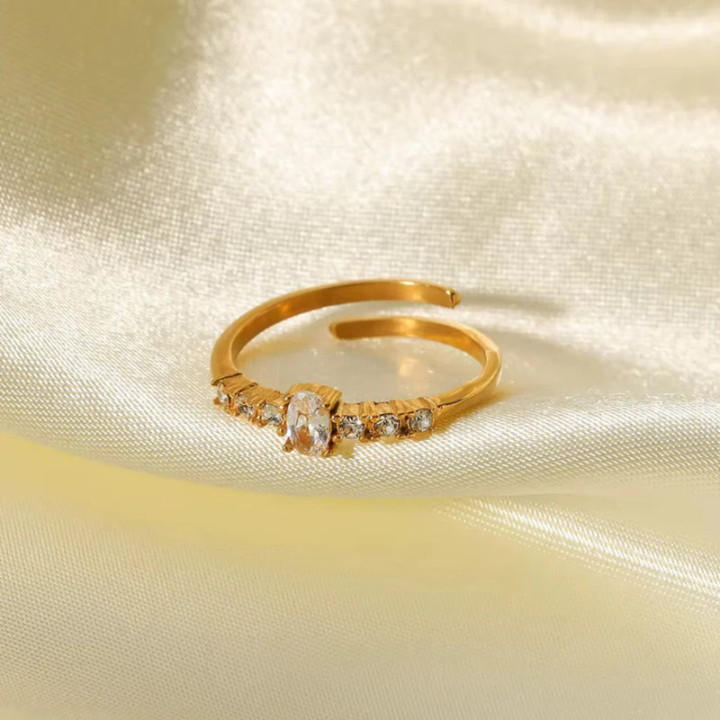 18KT Gold Plated Minimal Oval Bezel Diamond Stainless Steel Waterproof Ring, Elsa