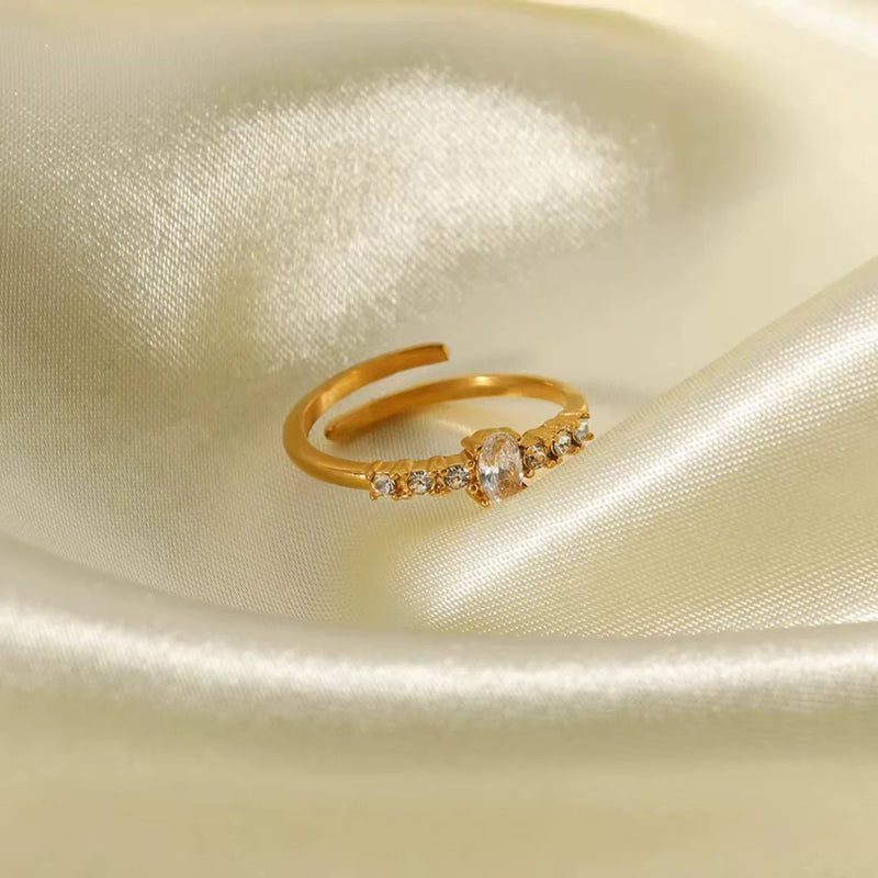 18KT Gold Plated Minimal Oval Bezel Diamond Stainless Steel Waterproof Ring, Elsa