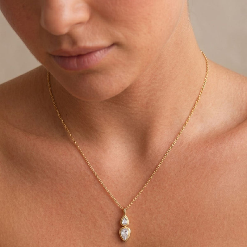 18KT Gold Plated Double Teardrop Crystal Necklace, Esme